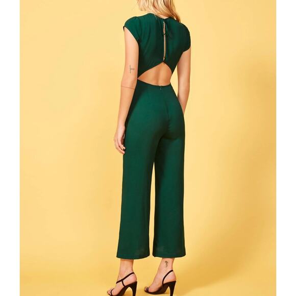 Reformation Mayer Jumpsuit Womens 6 Green Wide Leg Crop Open Back Crepe - Picture 2 of 13